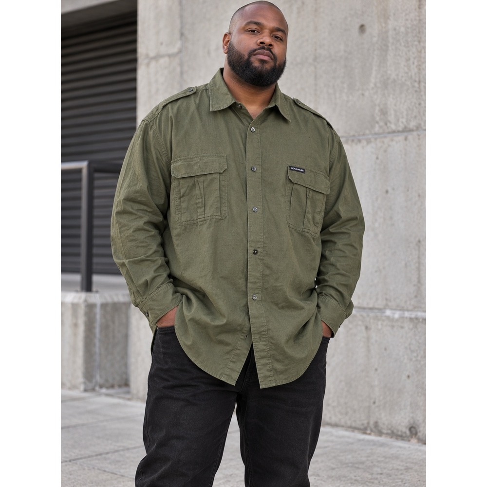 Rocawear Military Button Shirt Mens 3XL Olive Green Linen Cotton Utility Shirt